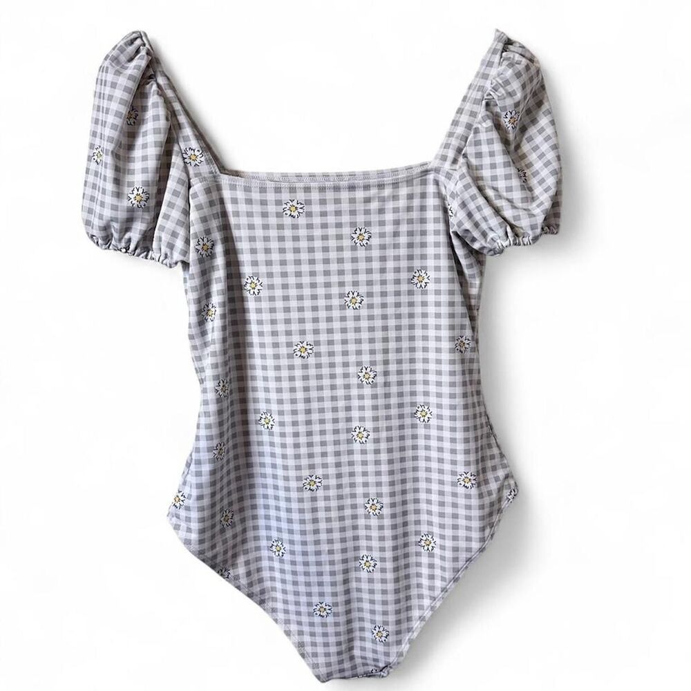 Gingham & Daisy One Piece Swimsuit White & Grey Sz L - Picture 2 of 3